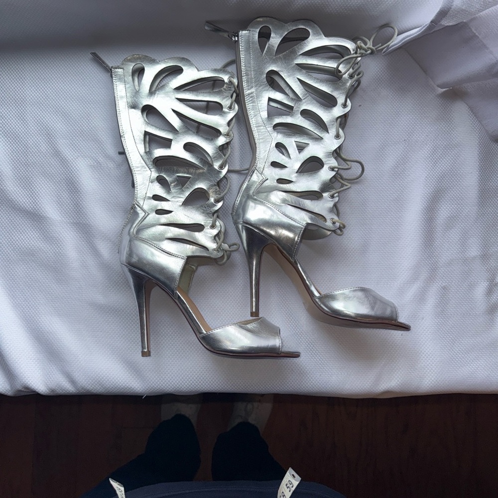 Silver - Delicious Women's Cut-Out Lace-Up High Heel Sandals - size 9
